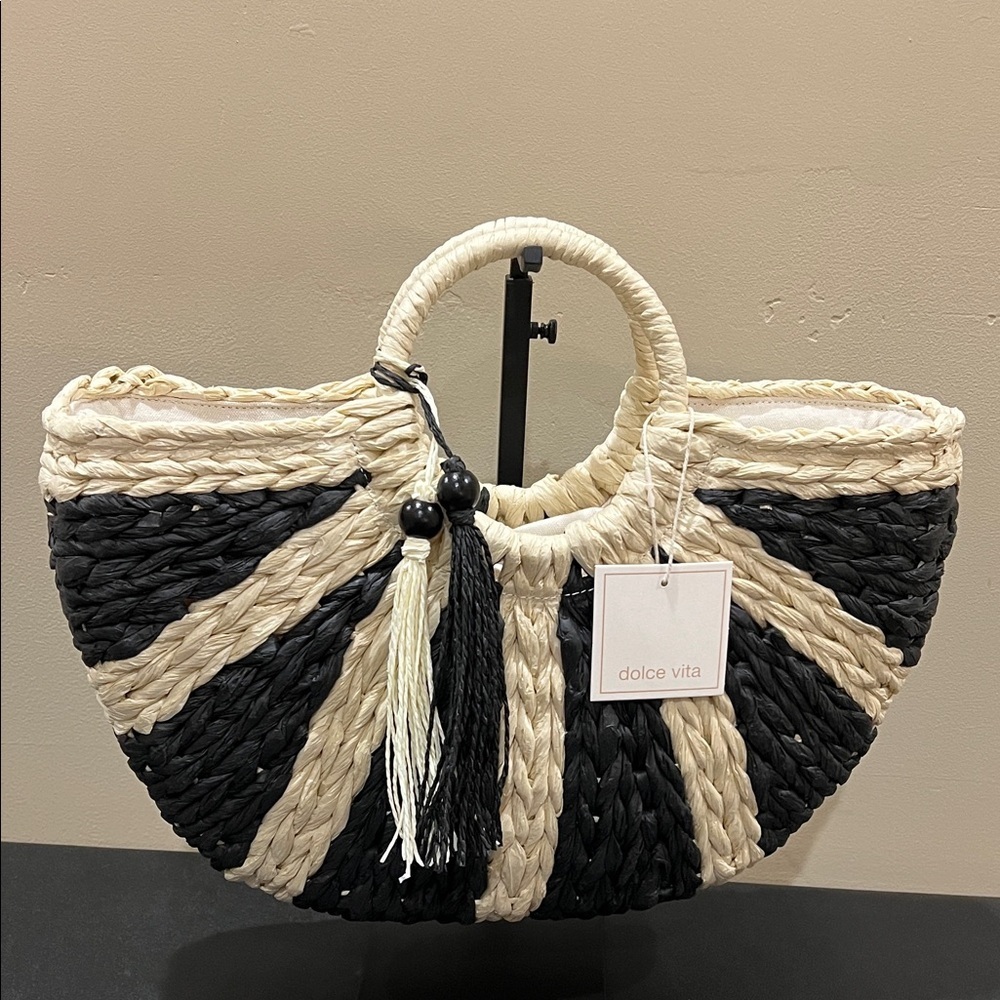 Dolce Vita | Black Raffia Shopper “EstelleB” Tote ~ Canvas Inside - Picture 4 of 16